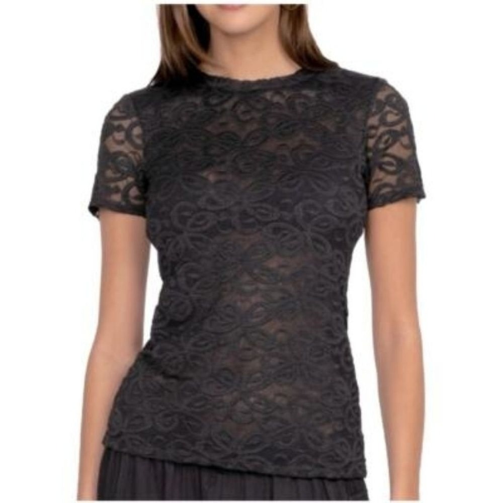 Johnny Was Astrid Black Lace Semi Sheer Mesh Top Size Large